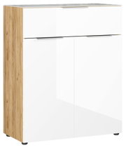 Moderne Kommode mit weißer Hochglanzfront und Holzseiten, seitliche Perspektive