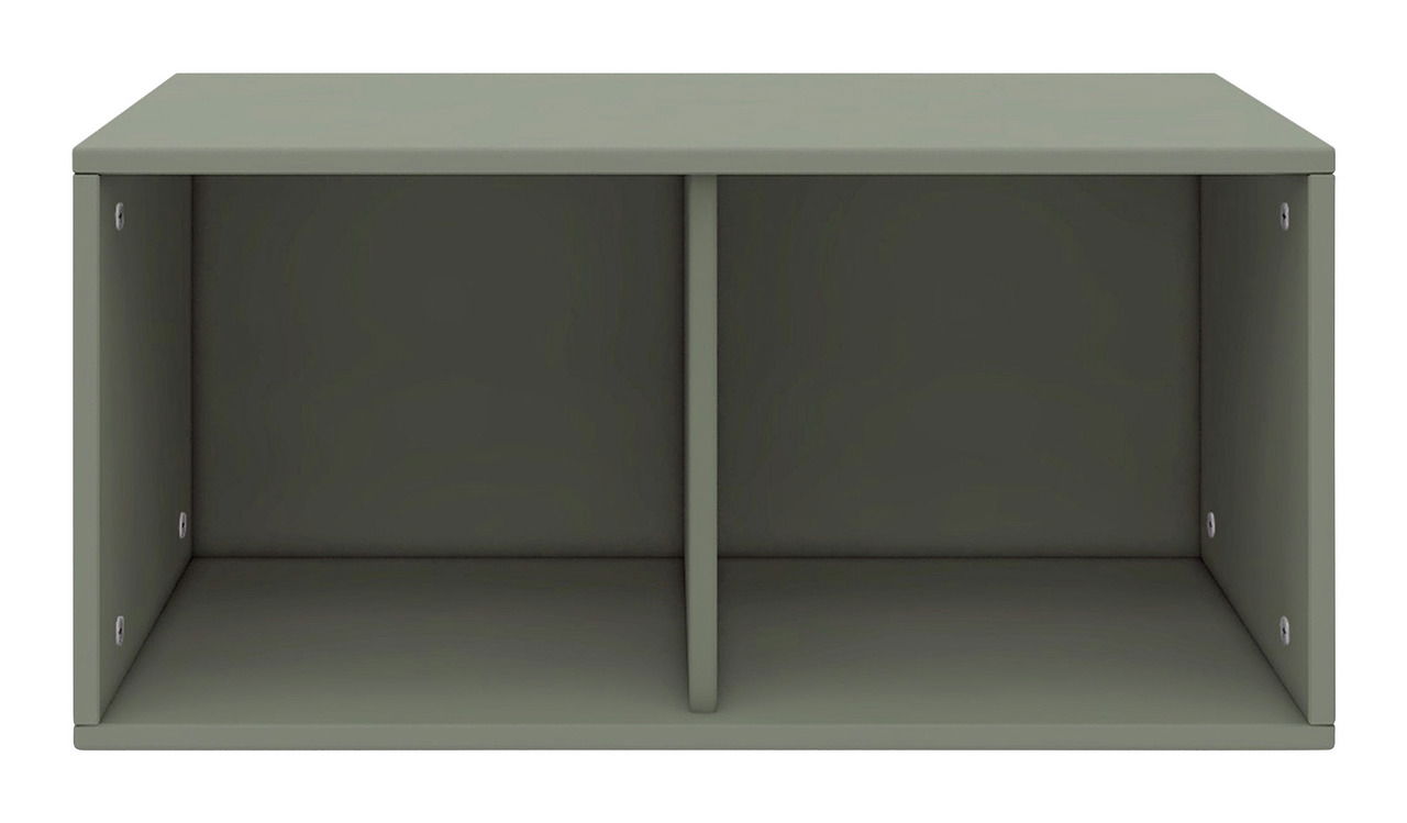 Frontansicht eines zweigeteilten, grünen Regals mit schlichtem Design.