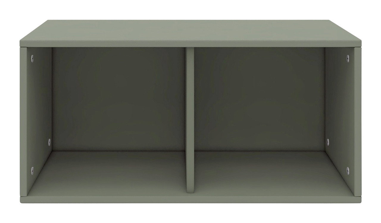 Frontansicht eines zweigeteilten, grünen Regals mit schlichtem Design.