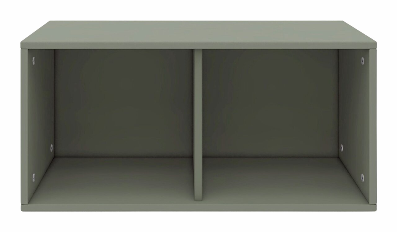 Frontansicht eines zweigeteilten, grünen Regals mit schlichtem Design.