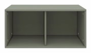 Frontansicht eines zweigeteilten, grünen Regals mit schlichtem Design.