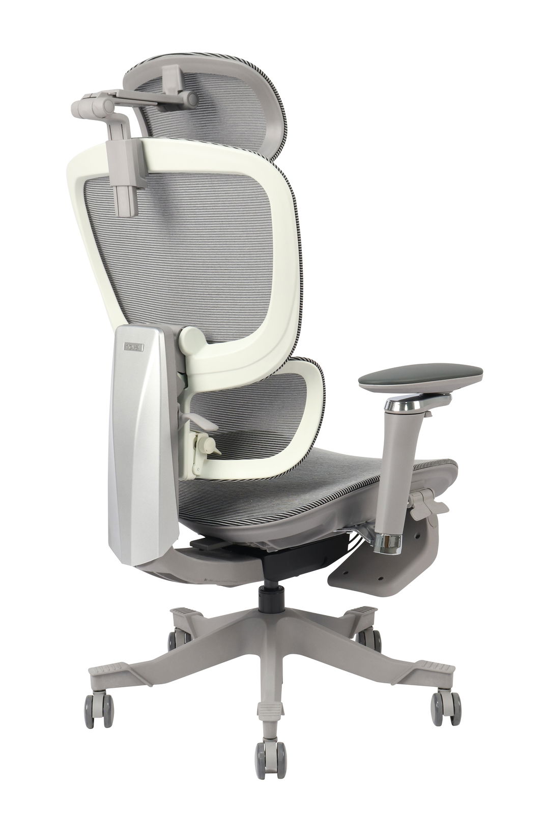 Moderner Drehstuhl mit ergonomischer Rückenlehne und verstellbaren Armlehnen, Seitenansicht