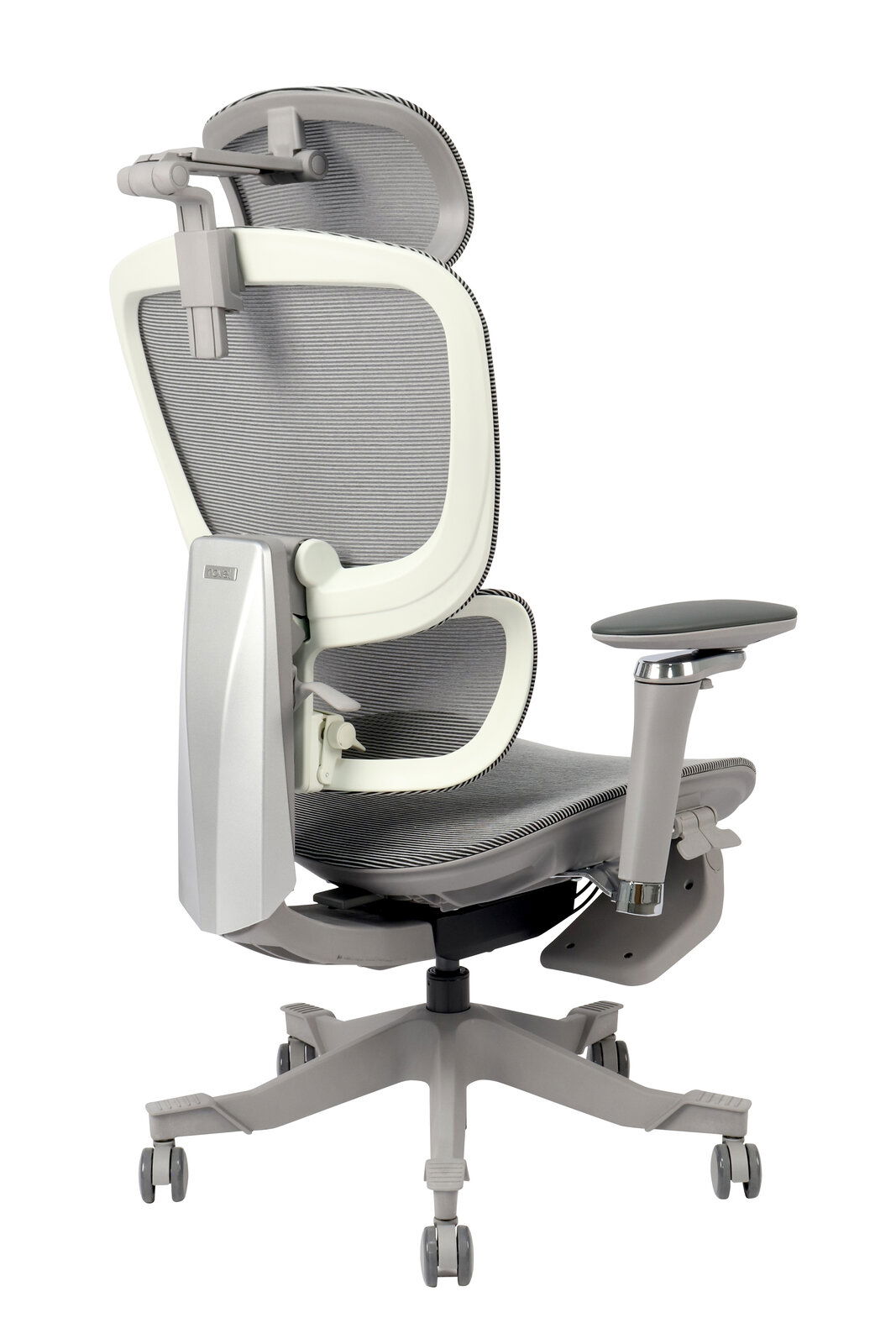 Moderner Drehstuhl mit ergonomischer Rückenlehne und verstellbaren Armlehnen, Seitenansicht