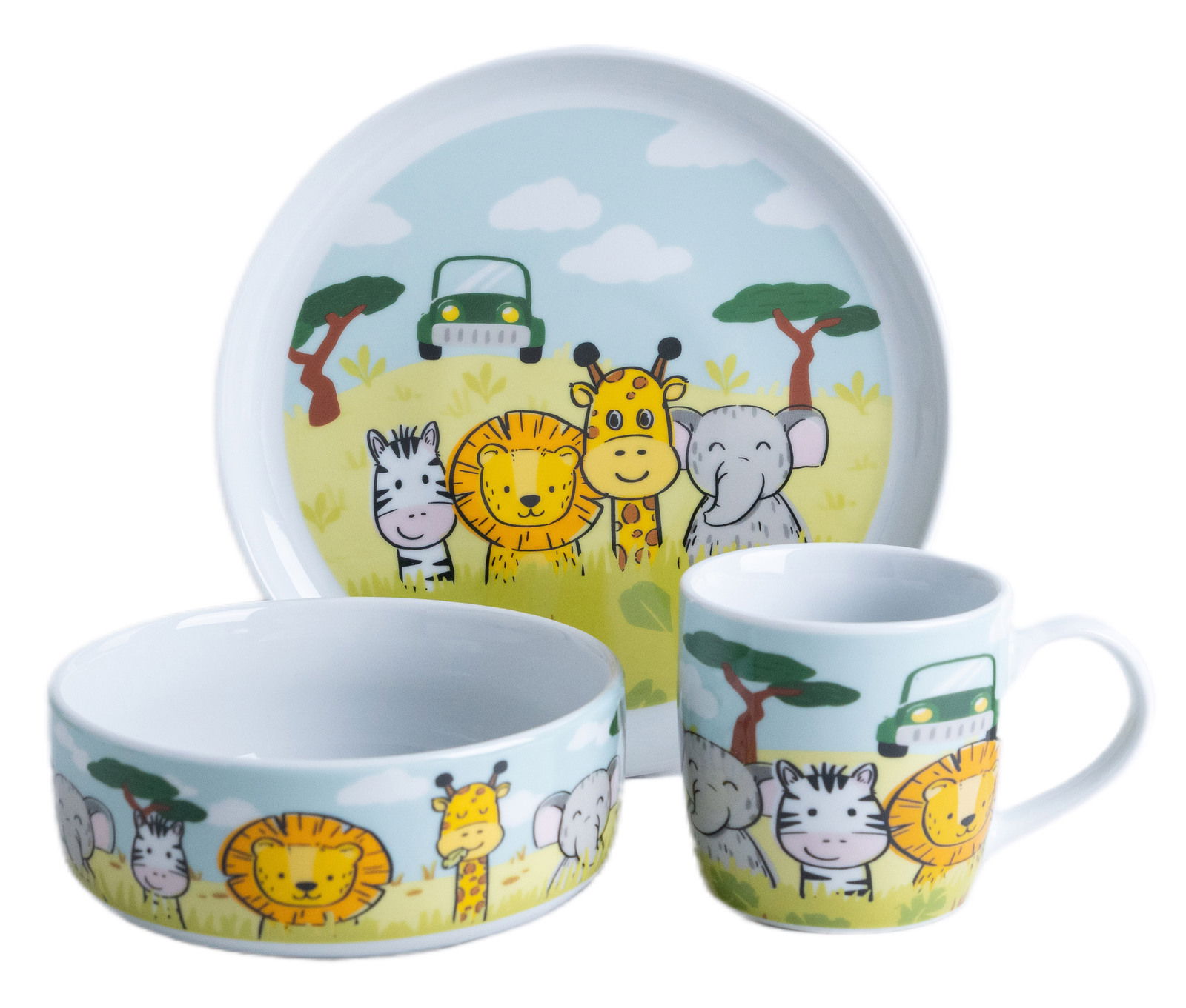 Kinderset 3-tlg. Safari mit Teller, Schale und Tasse, illustriert mit niedlichen Safari-Tieren wie Löwe, Giraffe, Zebra und Elefant, aus der Vorderansicht.