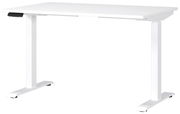 Weißer E-Schreibtisch mit rechteckiger Tischplatte und höhenverstellbaren Beinen, seitliche Perspektive