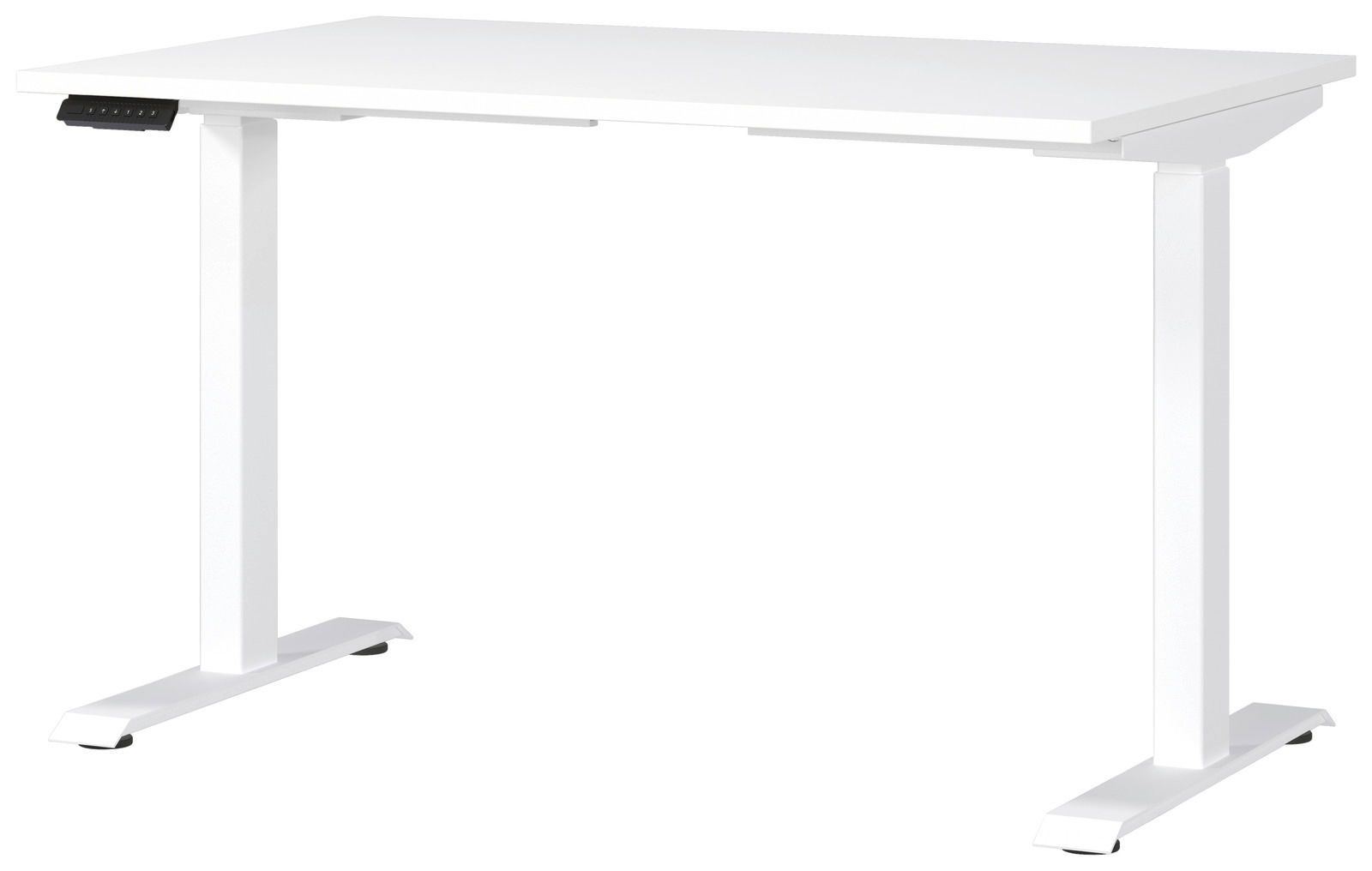 E-Serie E-Schreibtisch 120x80 E-SYSTEM Weißer E-Schreibtisch mit rechteckiger Tischplatte und höhenverstellbaren Beinen, seitliche Perspektive