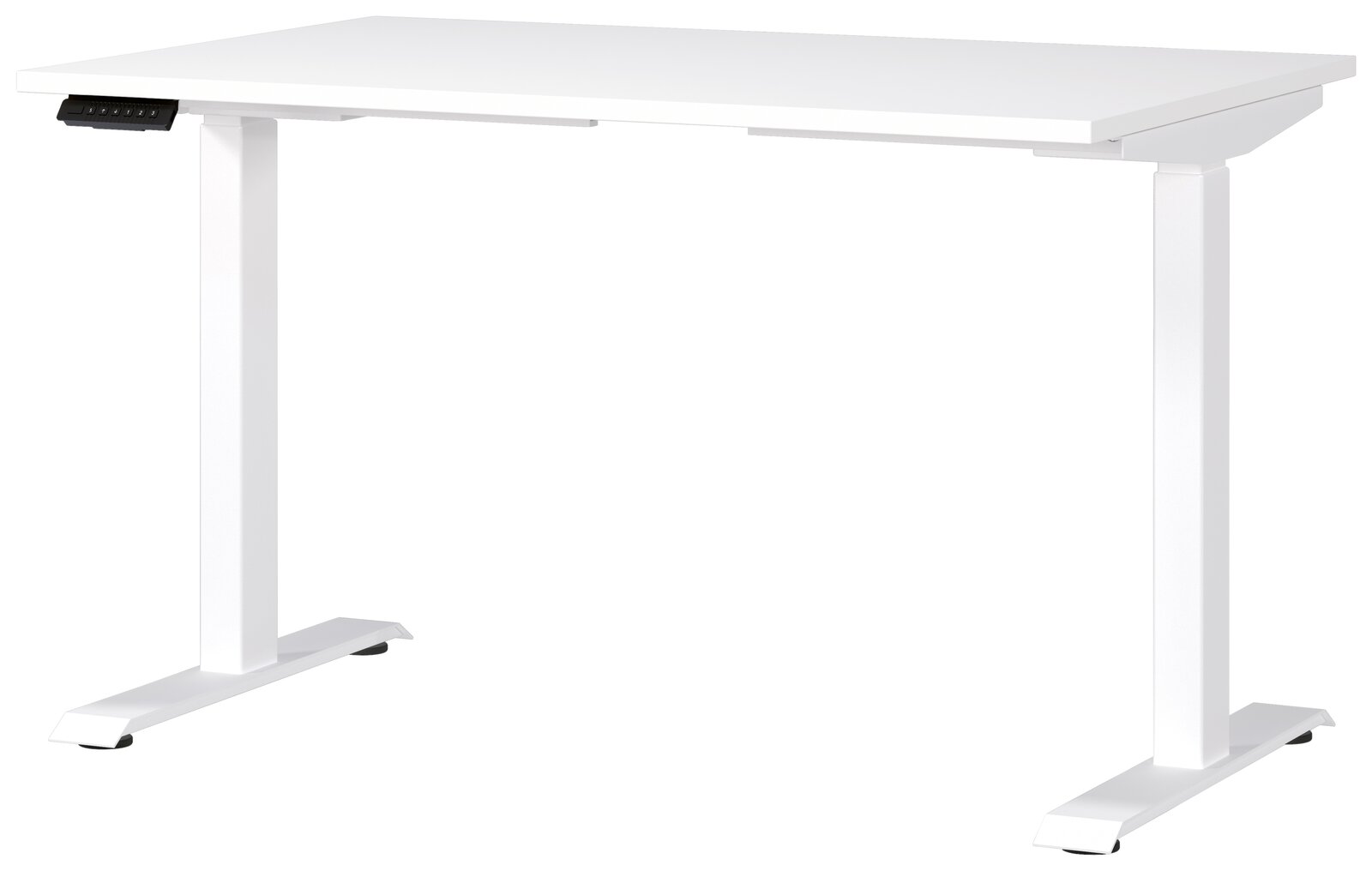 E-Serie E-Schreibtisch 120x80 E-SYSTEM Weißer E-Schreibtisch mit rechteckiger Tischplatte und höhenverstellbaren Beinen, seitliche Perspektive