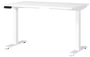 Weißer E-Schreibtisch mit rechteckiger Tischplatte und höhenverstellbaren Beinen, seitliche Perspektive