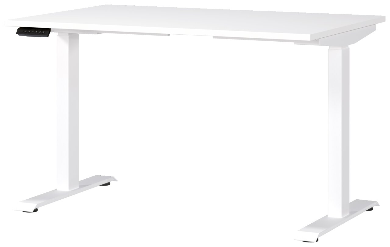 Weißer E-Schreibtisch mit rechteckiger Tischplatte und höhenverstellbaren Beinen, seitliche Perspektive