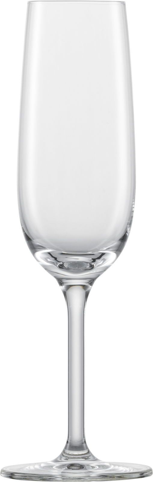 Sektglas aus klarem Glas, frontal fotografiert, mit elegantem Stiel und breitem Fuß.
