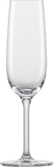 Sektglas aus klarem Glas, frontal fotografiert, mit elegantem Stiel und breitem Fuß.