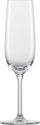 Sektglas aus klarem Glas, frontal fotografiert, mit elegantem Stiel und breitem Fuß.