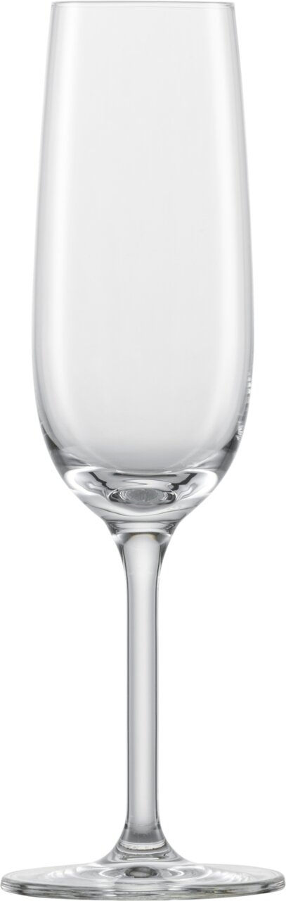 Sektglas aus klarem Glas, frontal fotografiert, mit elegantem Stiel und breitem Fuß.