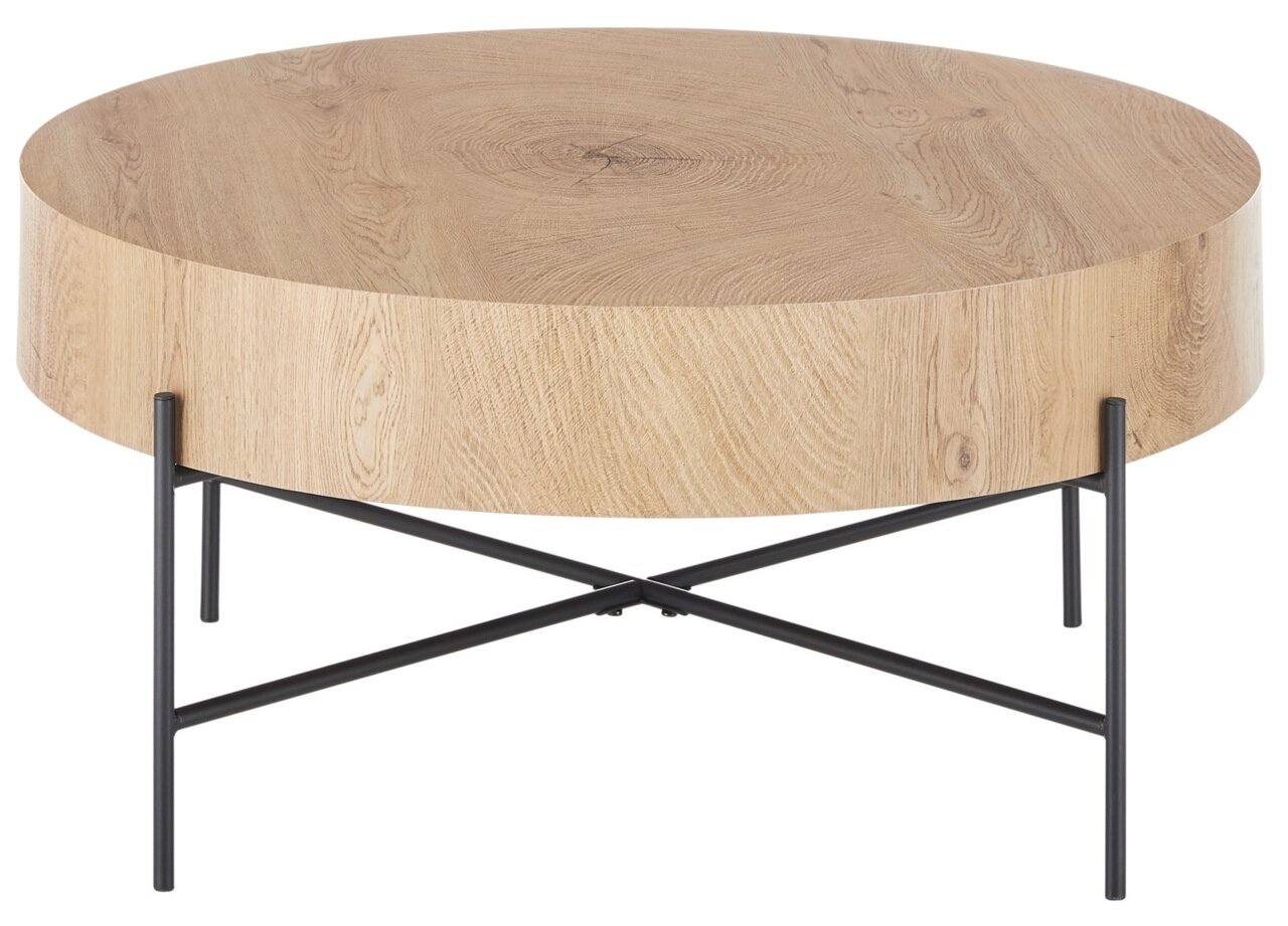 Runder Couchtisch aus Holz mit schwarzem Metallgestell, seitliche Perspektive
