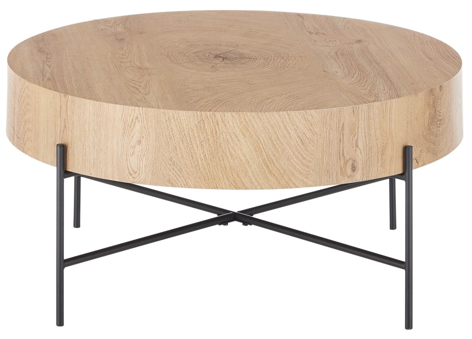 Runder Couchtisch aus Holz mit schwarzem Metallgestell, seitliche Perspektive