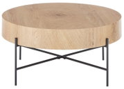 Runder Couchtisch aus Holz mit schwarzem Metallgestell, seitliche Perspektive