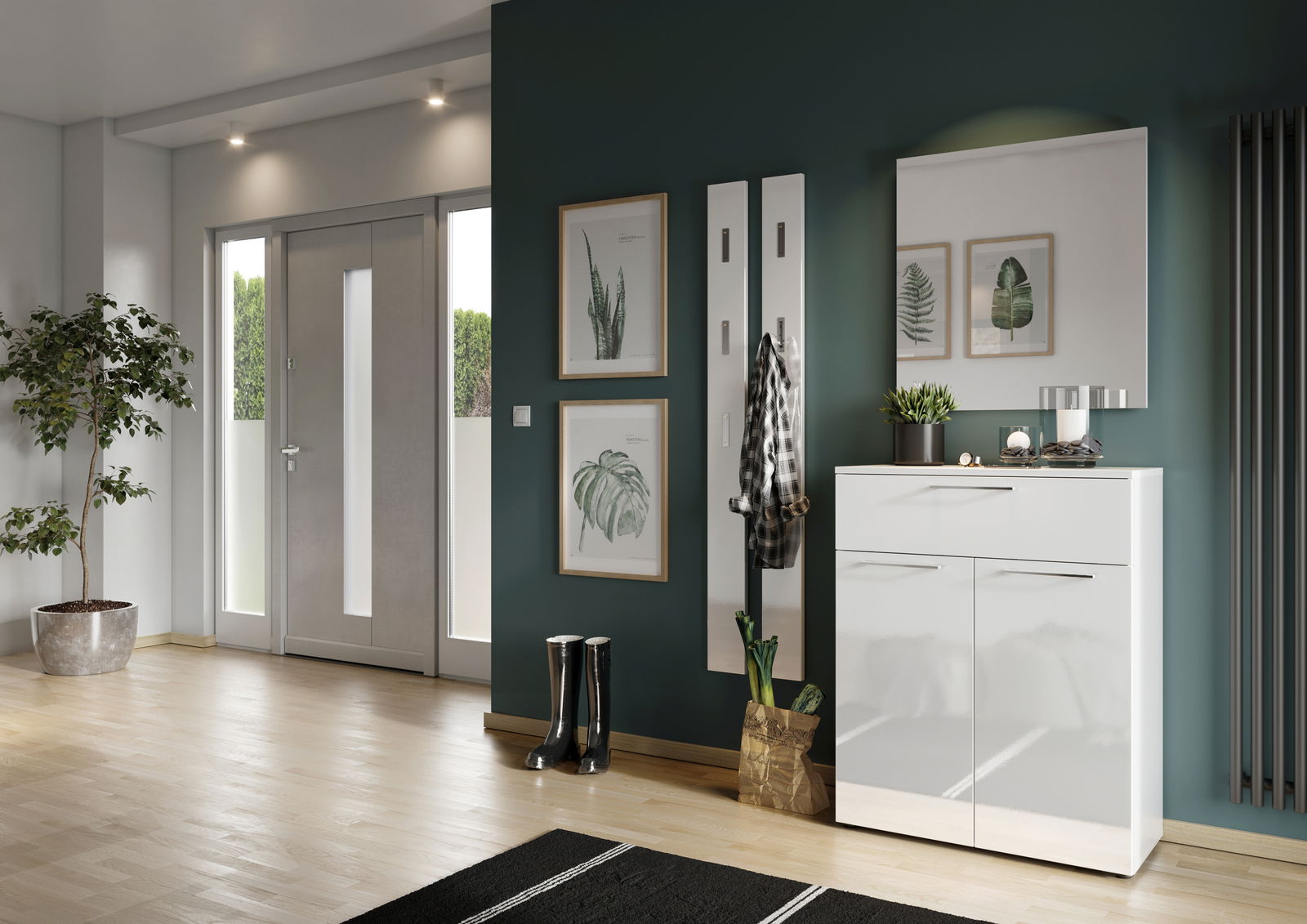 Moderne Garderobeneinrichtung mit weißer Kommode, Spiegel und Garderobenpaneel in einem stilvollen Flur, seitliche Perspektive.