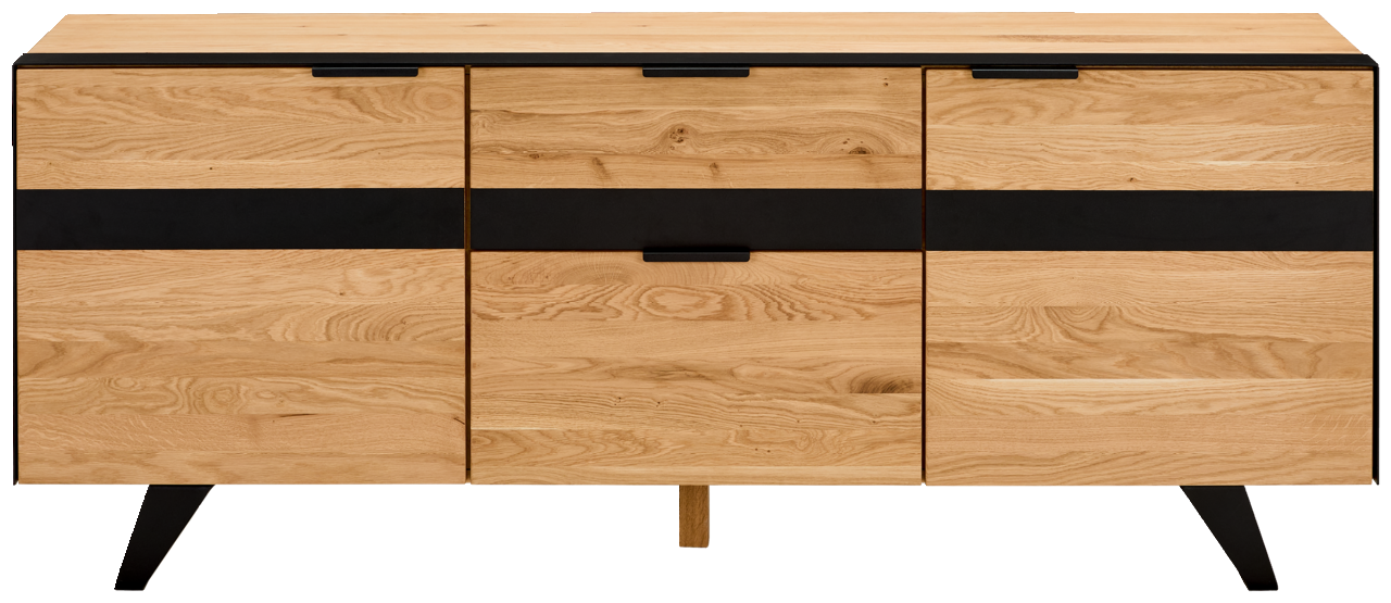 Frontansicht eines modernen TV-Lowboards aus Holz mit schwarzen Akzenten und drei Türen.