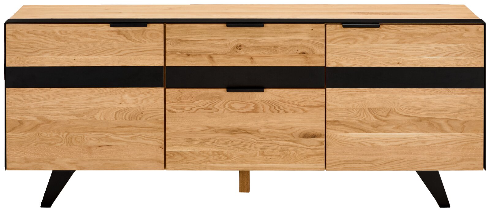 Vooraanzicht van een modern houten tv-meubel met zwarte accenten en drie deuren.