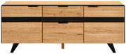 Vooraanzicht van een modern houten tv-meubel met zwarte accenten en drie deuren.
