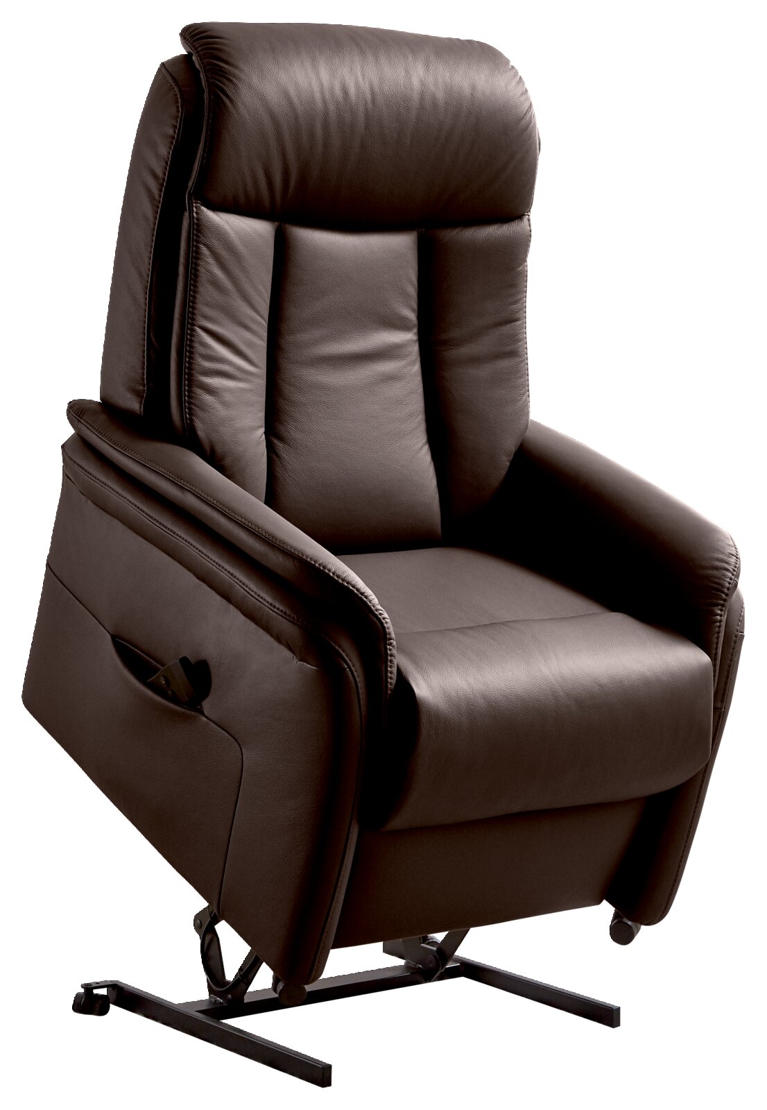Bruine relaxfauteuil in zijaanzicht met hefmechanisme