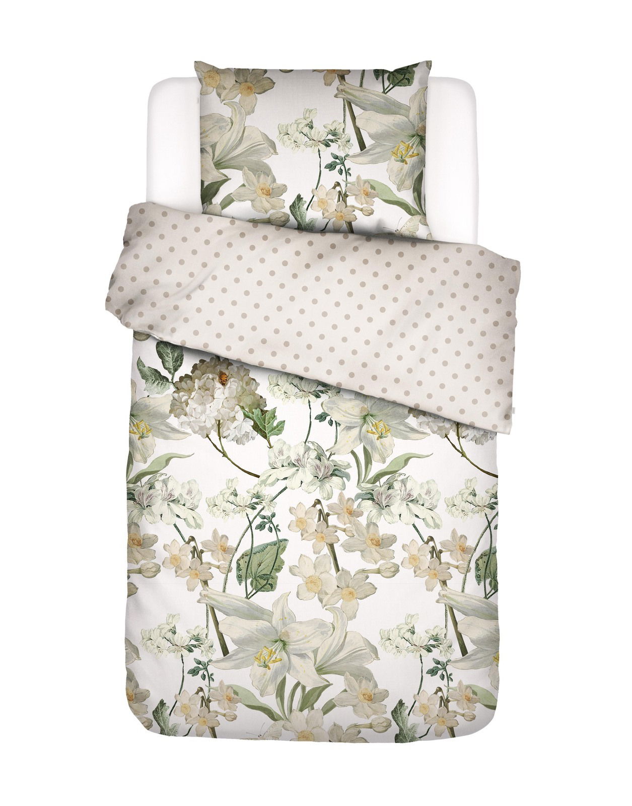 Bettwäsche-Set 135x200cm mit floralem Muster in Weiß und Grün, Draufsicht