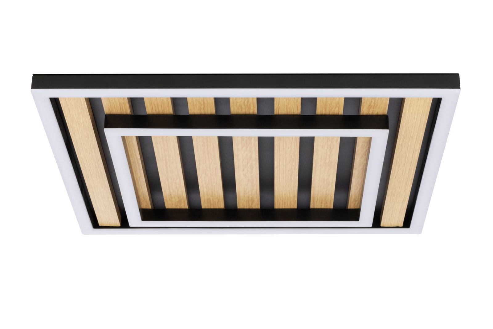 Novel LED-Deckenleuchte Moderne LED-Deckenleuchte mit Holz- und Metallelementen, Ansicht von unten.