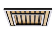 Moderne LED-Deckenleuchte mit Holz- und Metallelementen, Ansicht von unten.