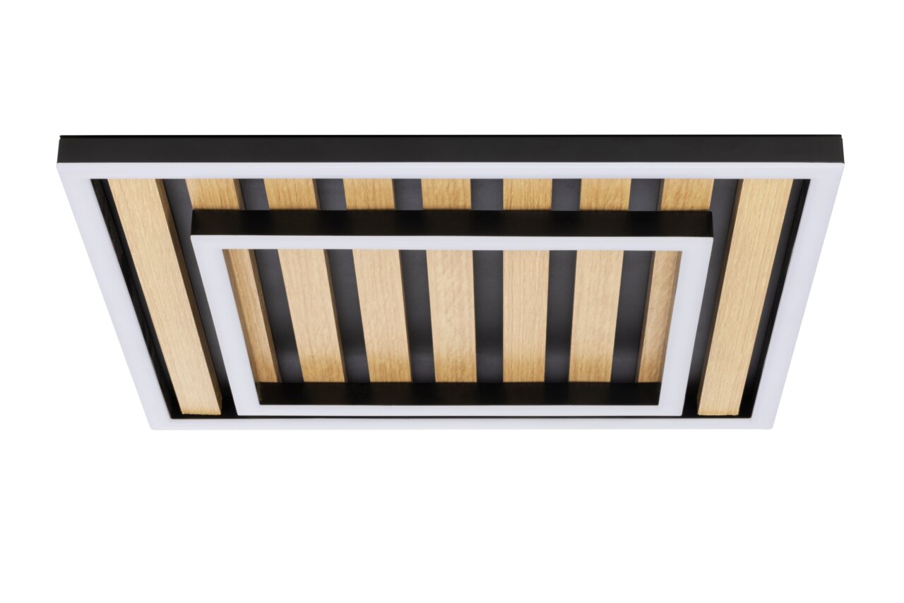 Novel LED-Deckenleuchte DECKENLEUCHTE Moderne LED-Deckenleuchte mit Holz- und Metallelementen, Ansicht von unten.