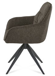 Seitenansicht eines modernen Armlehnstuhls mit dunkelgrauem Stoffbezug und schwarzem Metallgestell.