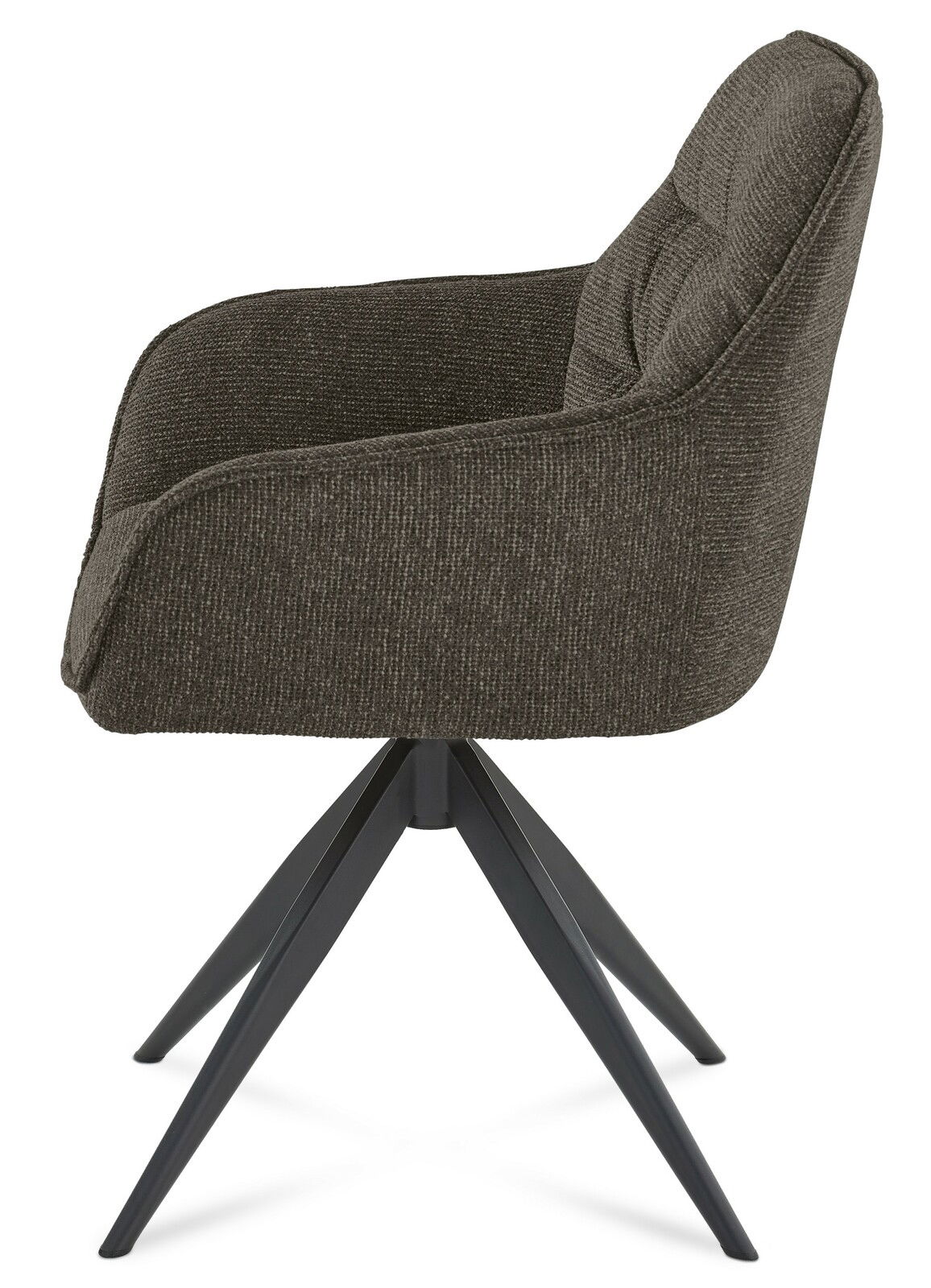 Seitenansicht eines modernen Armlehnstuhls mit dunkelgrauem Stoffbezug und schwarzem Metallgestell.