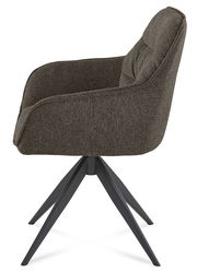 Seitenansicht eines modernen Armlehnstuhls mit dunkelgrauem Stoffbezug und schwarzem Metallgestell.