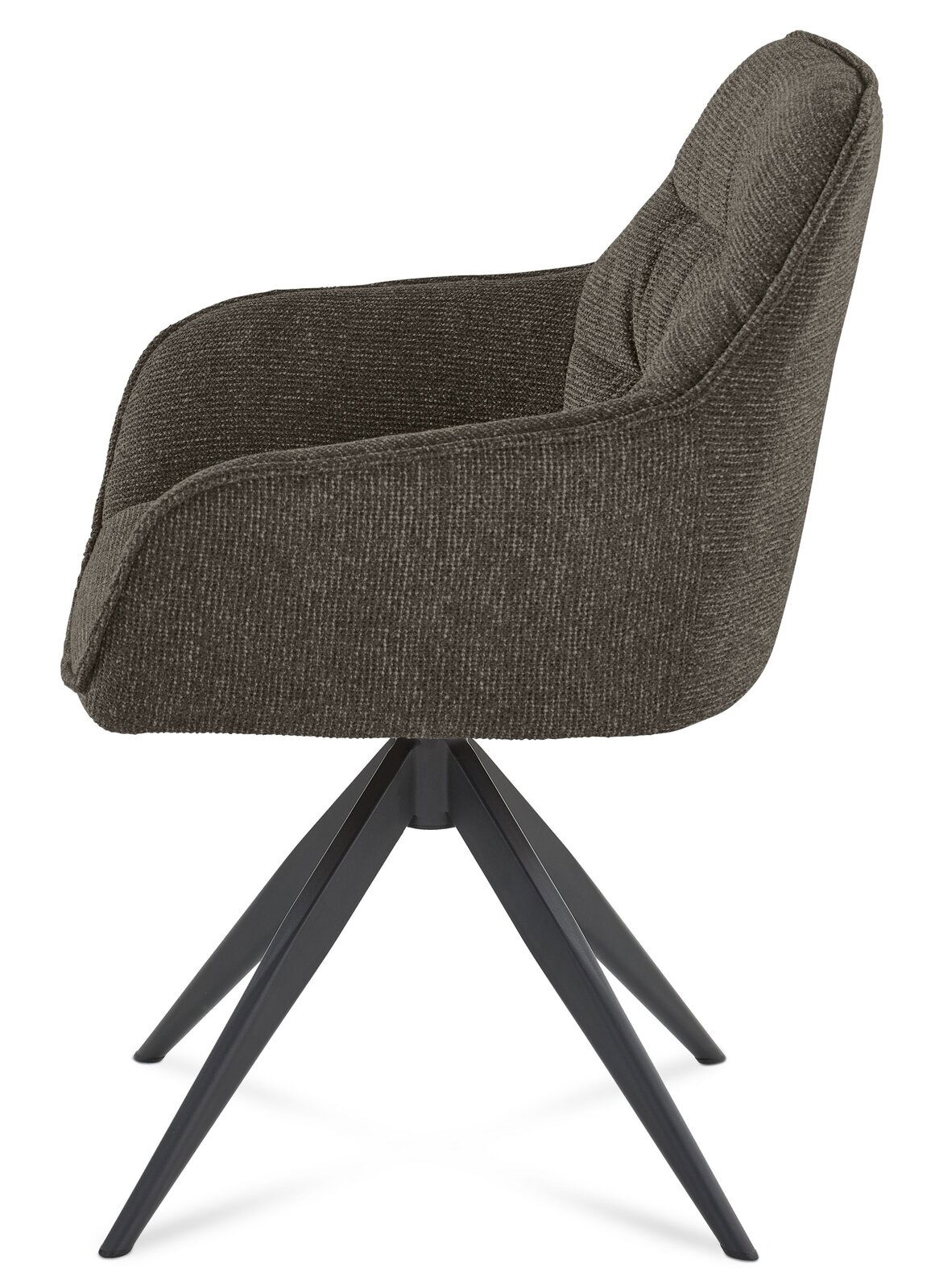 Seitenansicht eines modernen Armlehnstuhls mit dunkelgrauem Stoffbezug und schwarzem Metallgestell.