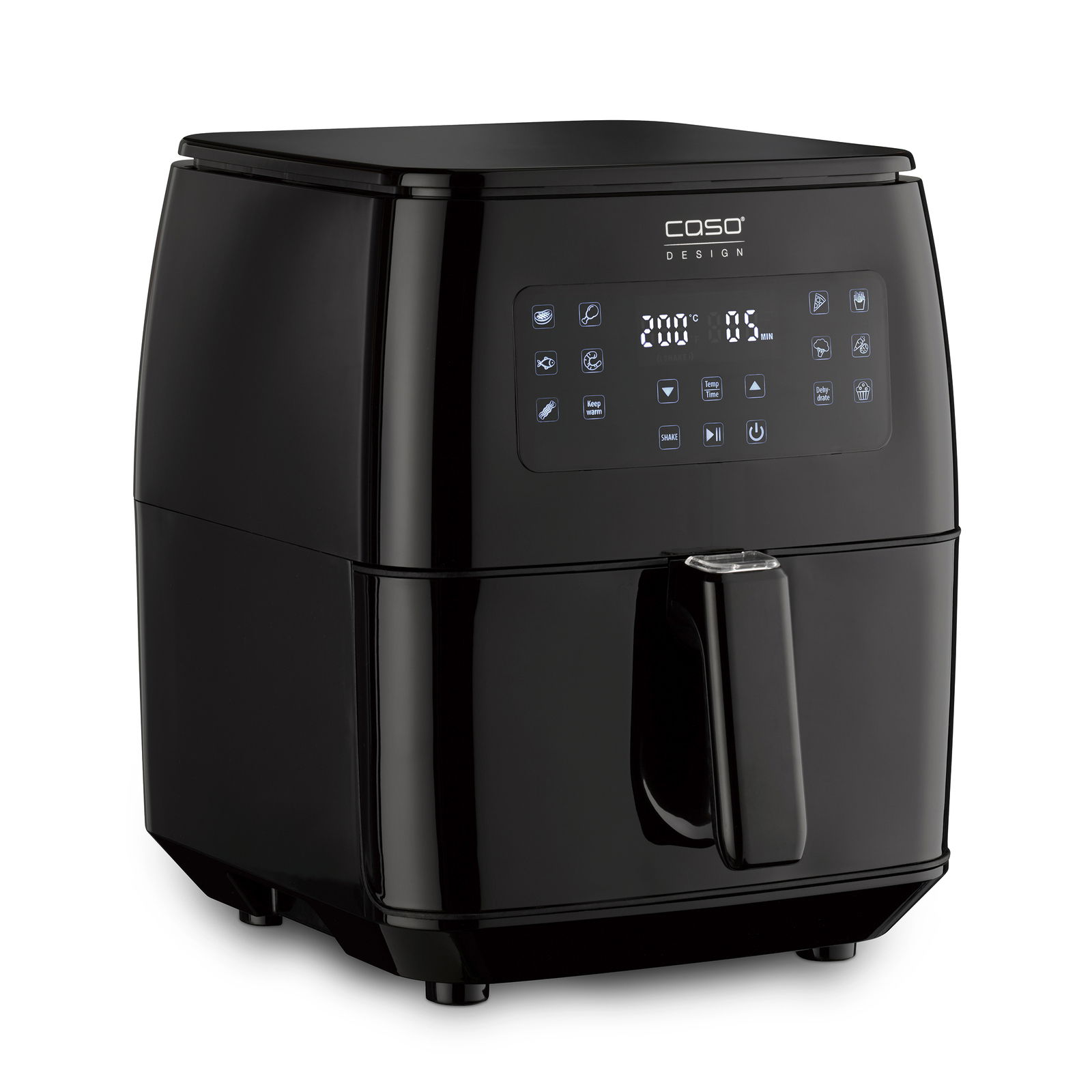 Schwarze Heißluftfritteuse mit digitalem Display, seitliche Perspektive