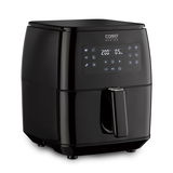 Schwarze Heißluftfritteuse mit digitalem Display, seitliche Perspektive