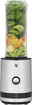 Frontansicht eines WMF Küchenminis Smoothie-to-go Mixers mit gefülltem Behälter aus frischem Obst und Gemüse.