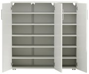 Weißer, breiter Schuhschrank mit offenen Türen und mehreren Regalböden, frontale Ansicht.