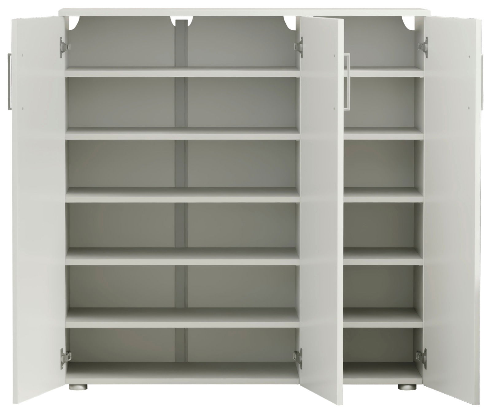 Weißer, breiter Schuhschrank mit offenen Türen und mehreren Regalböden, frontale Ansicht.