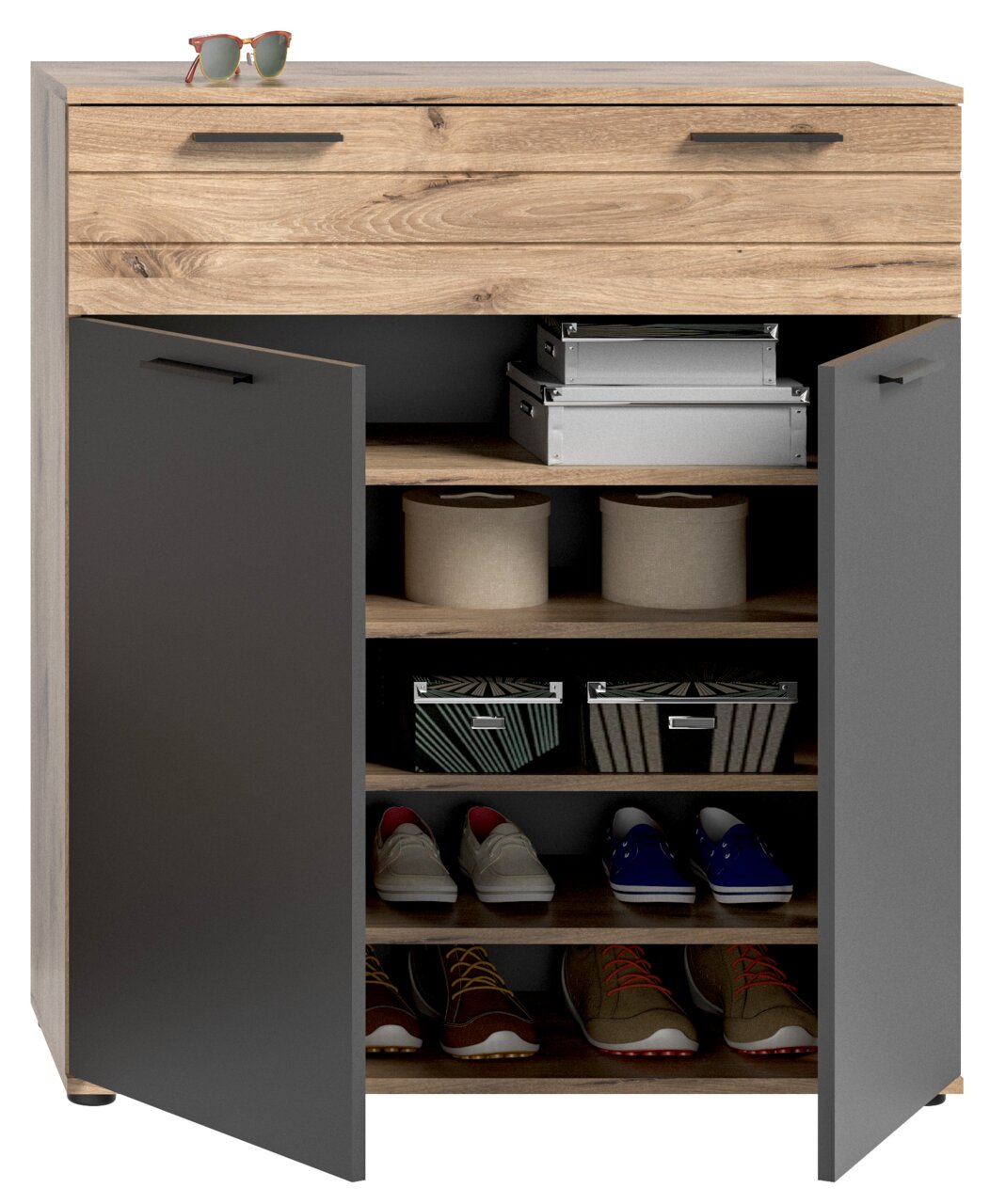 Schuhkommode aus Holz mit zwei offenen Türen, die mehrere Regalböden mit Schuhen und Aufbewahrungsboxen zeigt, aus frontaler Perspektive.