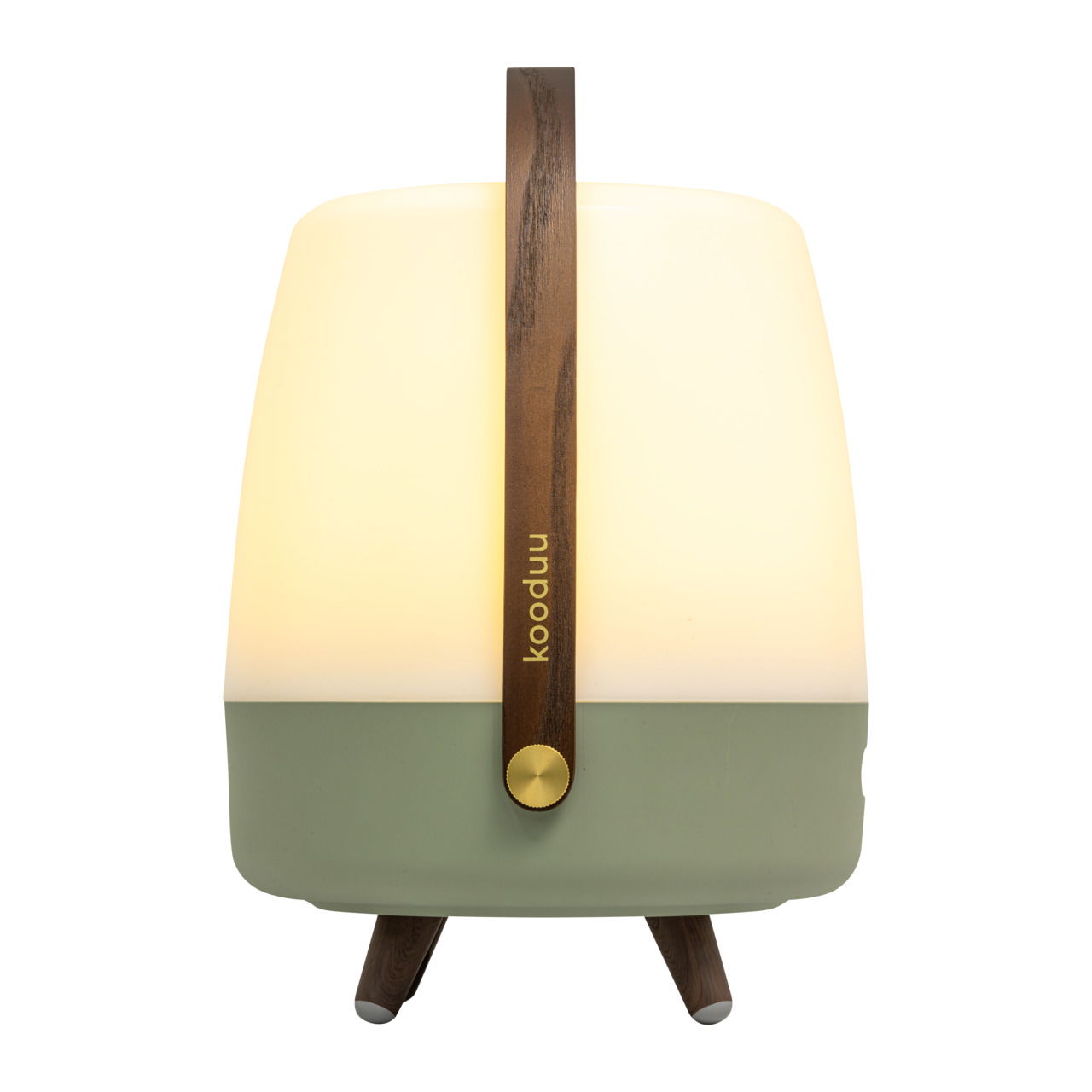 Frontansicht einer tragbaren Lampe mit Holzgriff und zweifarbigem Design in Creme und Grün.