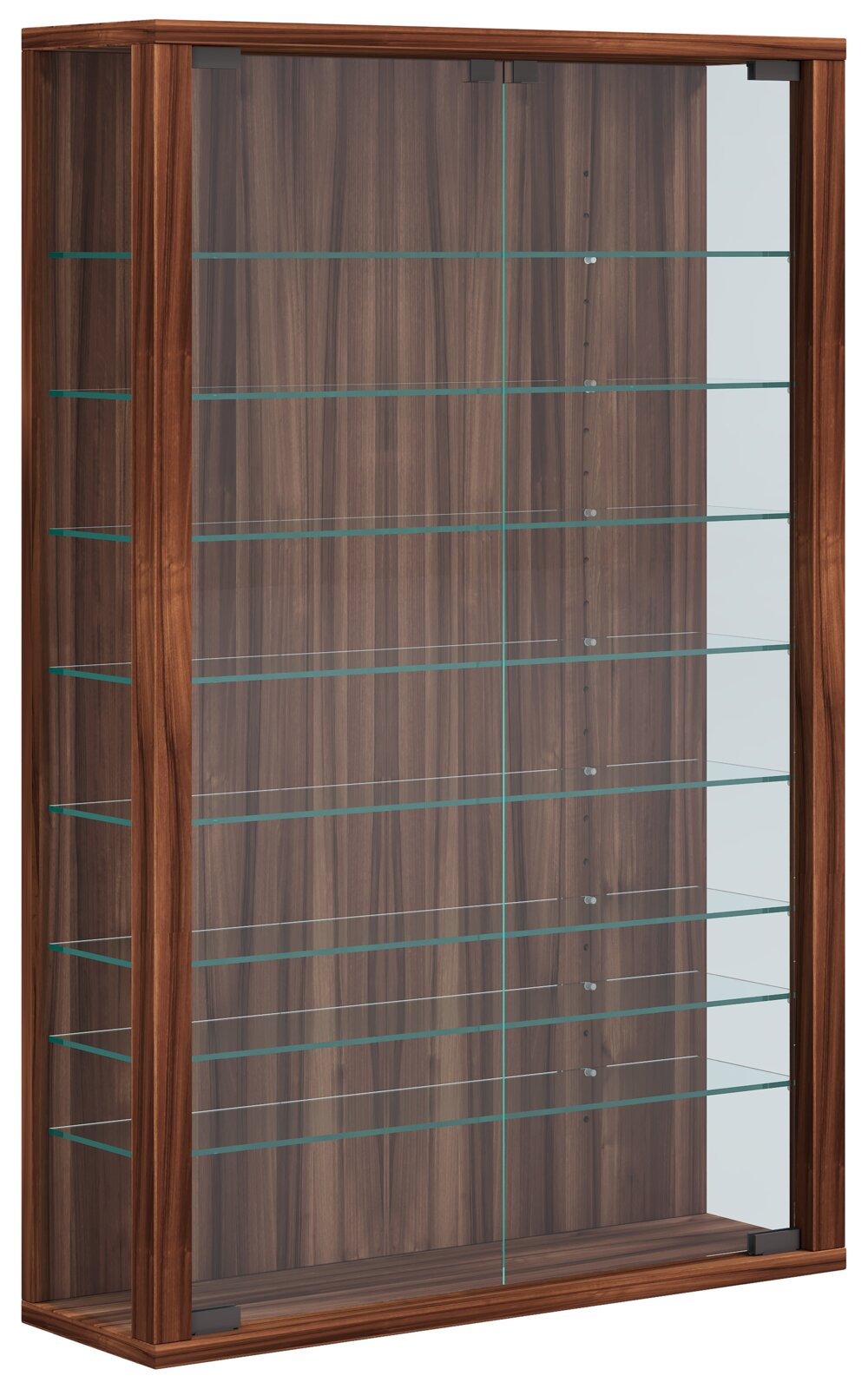 Holzvitrine mit Glasböden und transparenter Schiebetür, Innenraum in Holzoptik, Produktansicht frontal mit leichter Perspektive von links
