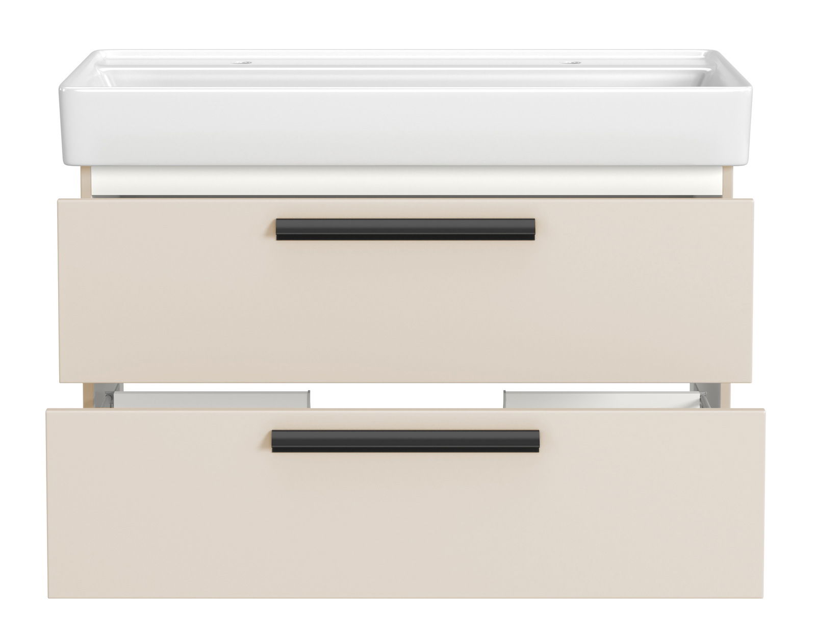 Frontansicht eines Waschtisch-Sets mit zwei Schubladen und Platz für zwei Armaturen, in modernem Design.