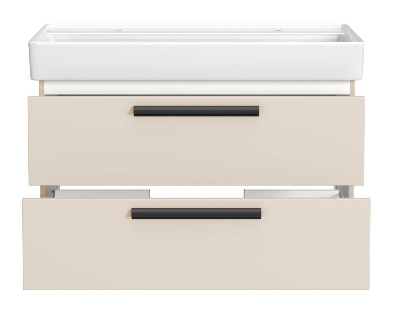Frontansicht eines Waschtisch-Sets mit zwei Schubladen und Platz für zwei Armaturen, in modernem Design.