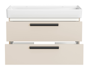 Frontansicht eines Waschtisch-Sets mit zwei Schubladen und Platz für zwei Armaturen, in modernem Design.