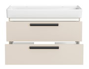 Frontansicht eines Waschtisch-Sets mit zwei Schubladen und Platz für zwei Armaturen, in modernem Design.