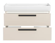 Frontansicht eines Waschtisch-Sets mit zwei Schubladen und Platz für zwei Armaturen, in modernem Design.