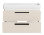 Frontansicht eines Waschtisch-Sets mit zwei Schubladen und Platz für zwei Armaturen, in modernem Design.