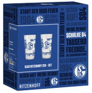 Schalke 04 Ritzenhoff Gläser im 2er-Set in blau gestalteter Geschenkverpackung, aus schräger Vorderansicht mit sichtbarer linker Seite