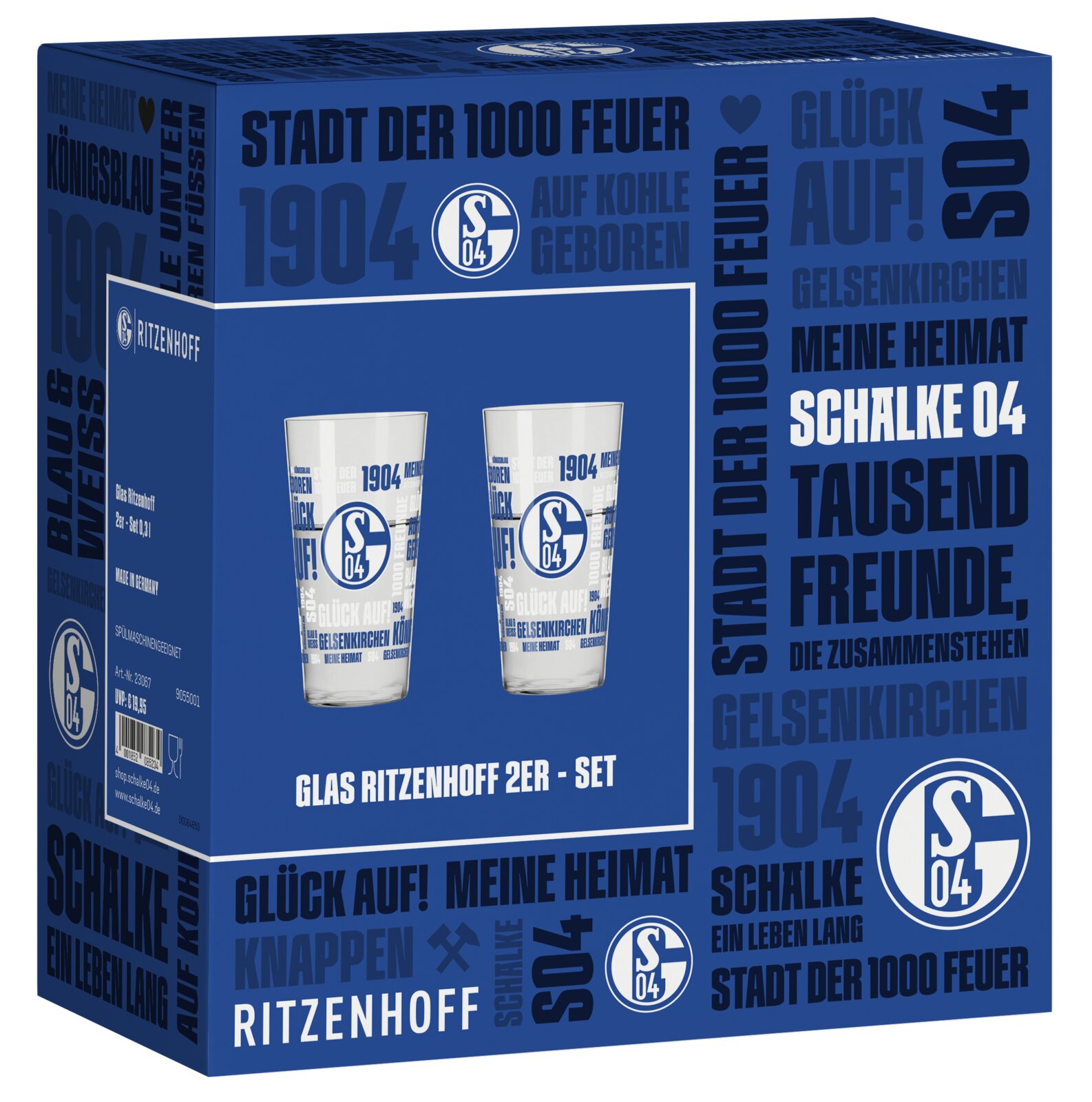 Schalke 04 Ritzenhoff Gläser im 2er-Set in blau gestalteter Geschenkverpackung, aus schräger Vorderansicht mit sichtbarer linker Seite