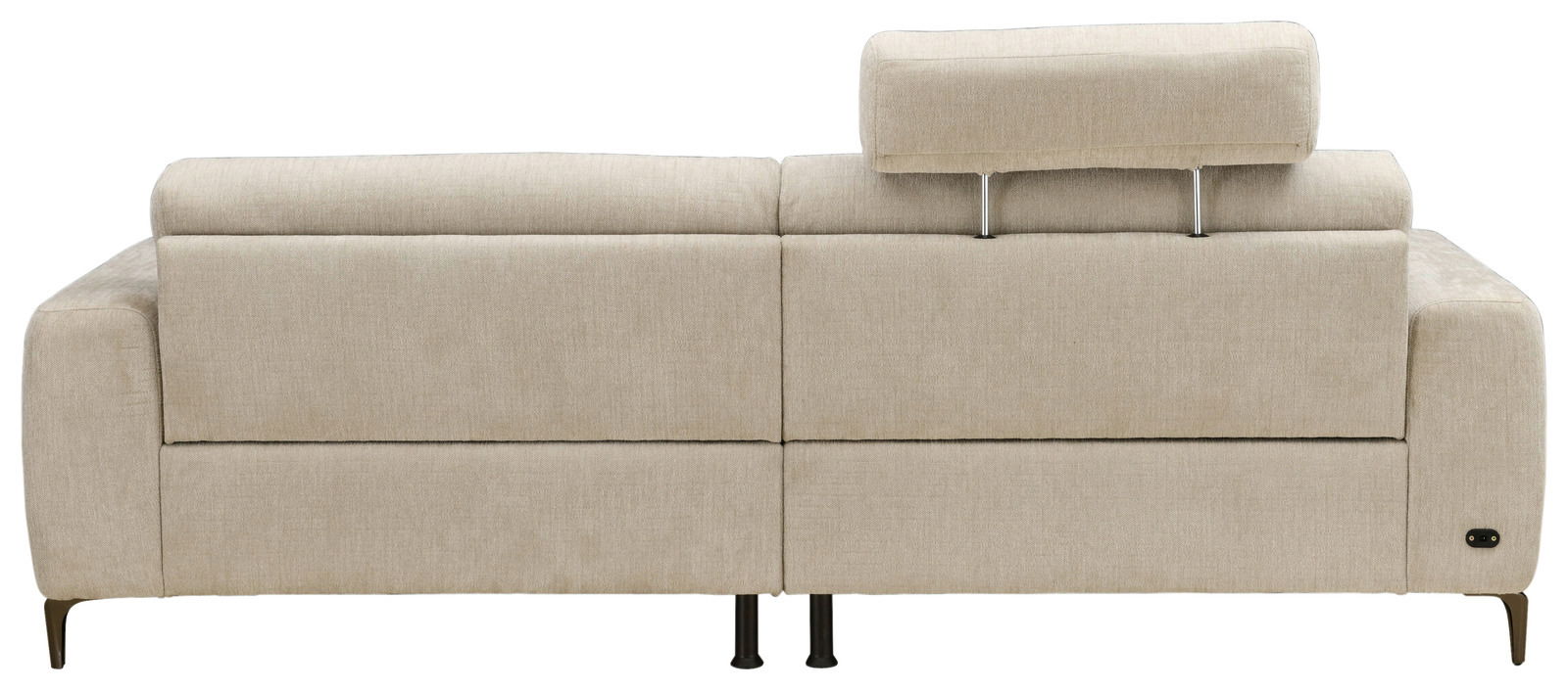 Rückansicht des beigen Ecksofas ROSALY mit verstellbarer Kopfstütze und modernen Metallfüßen.